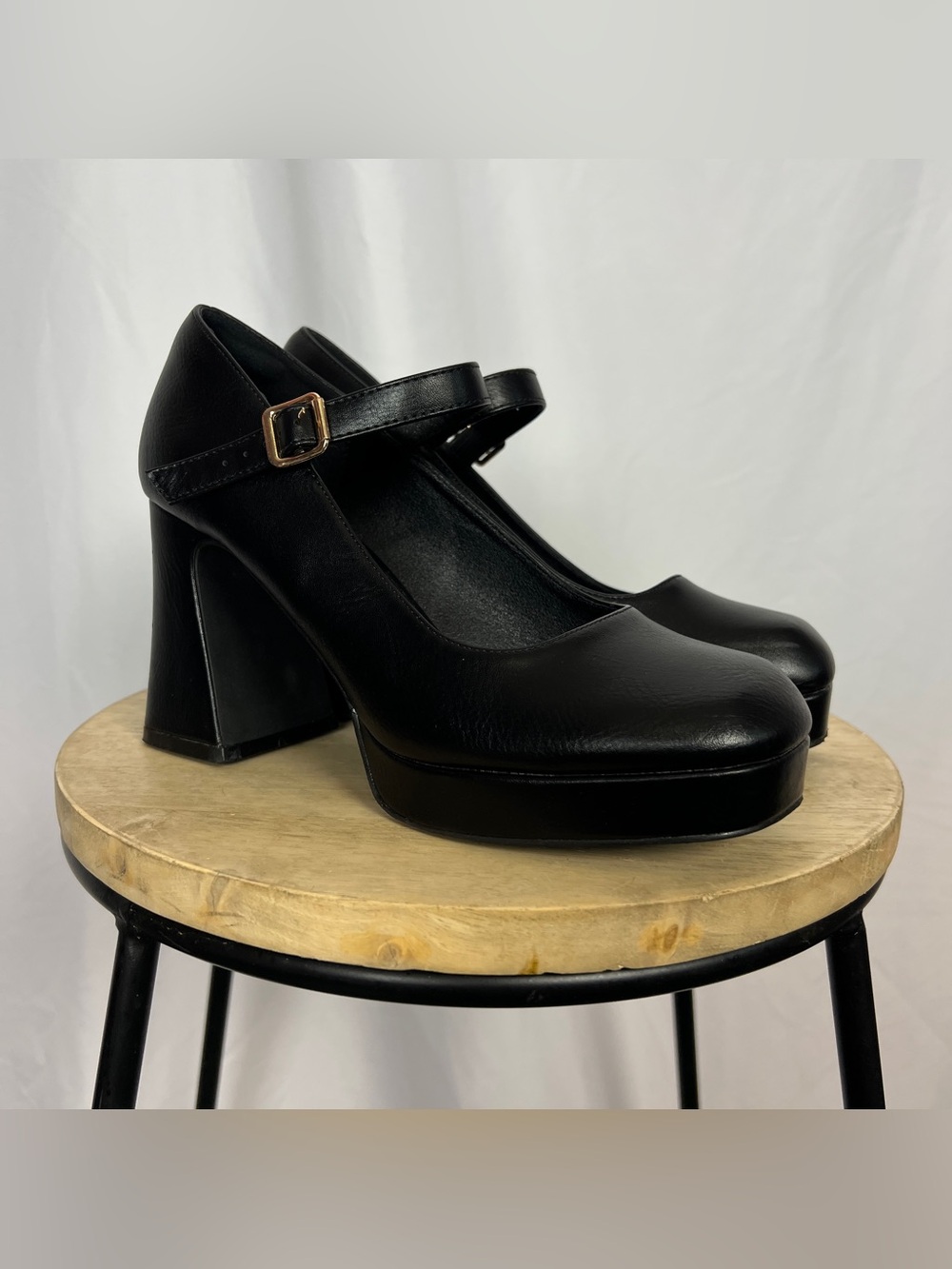 Black Faux Leather Chunky Platform Mary Janes
